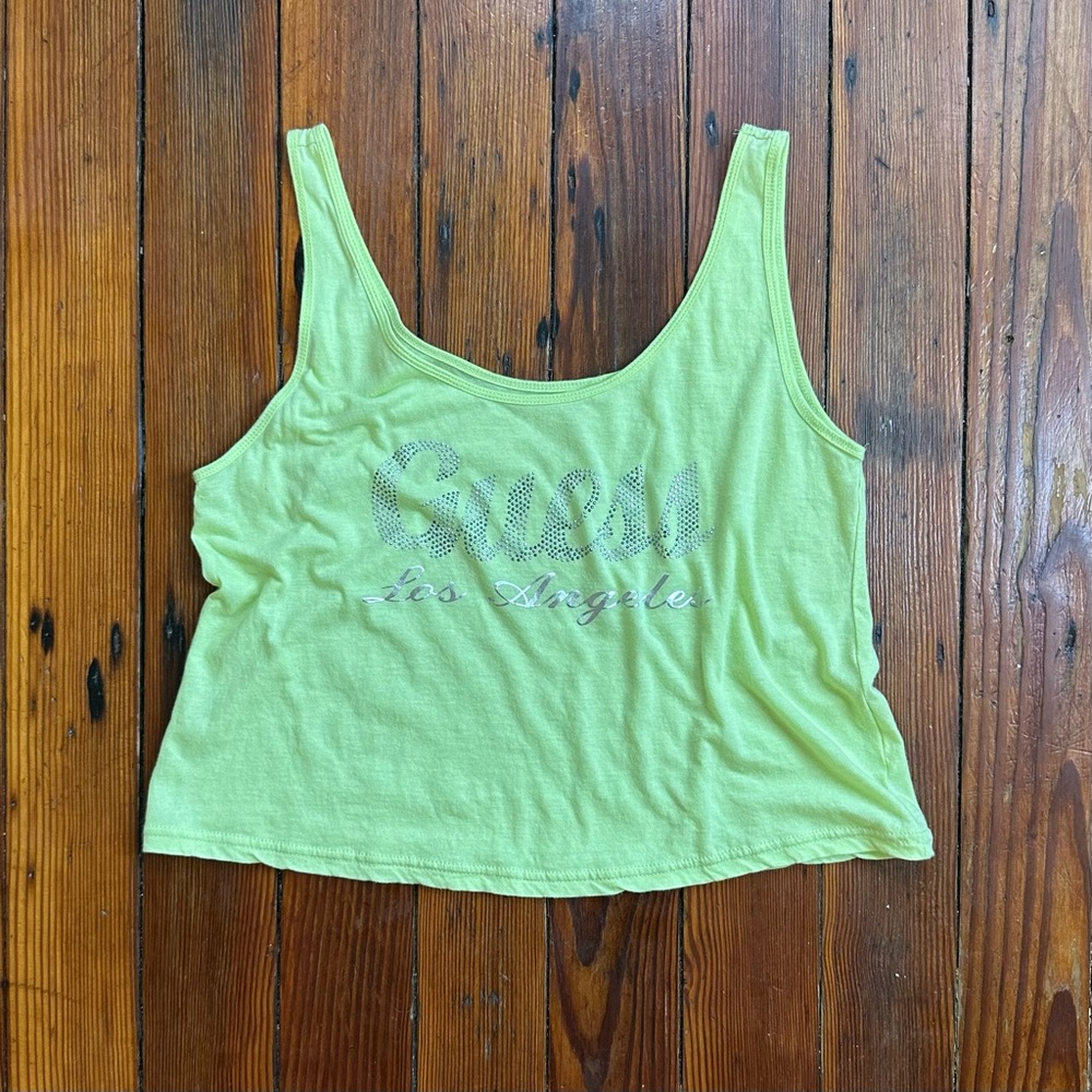 Vintage 00s Guess studded spellout w metallic script neon lime tank Medium